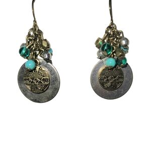 Aztec Sun Boho Dangling Earrings with Blue & Metallic Beads